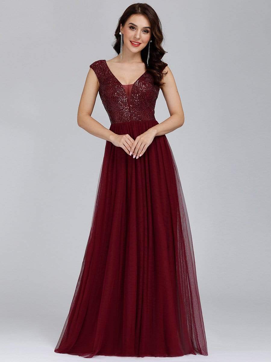 Color=Burgundy | Deep V Neck Floor Length Sequin Cocktail Dress-Burgundy 3