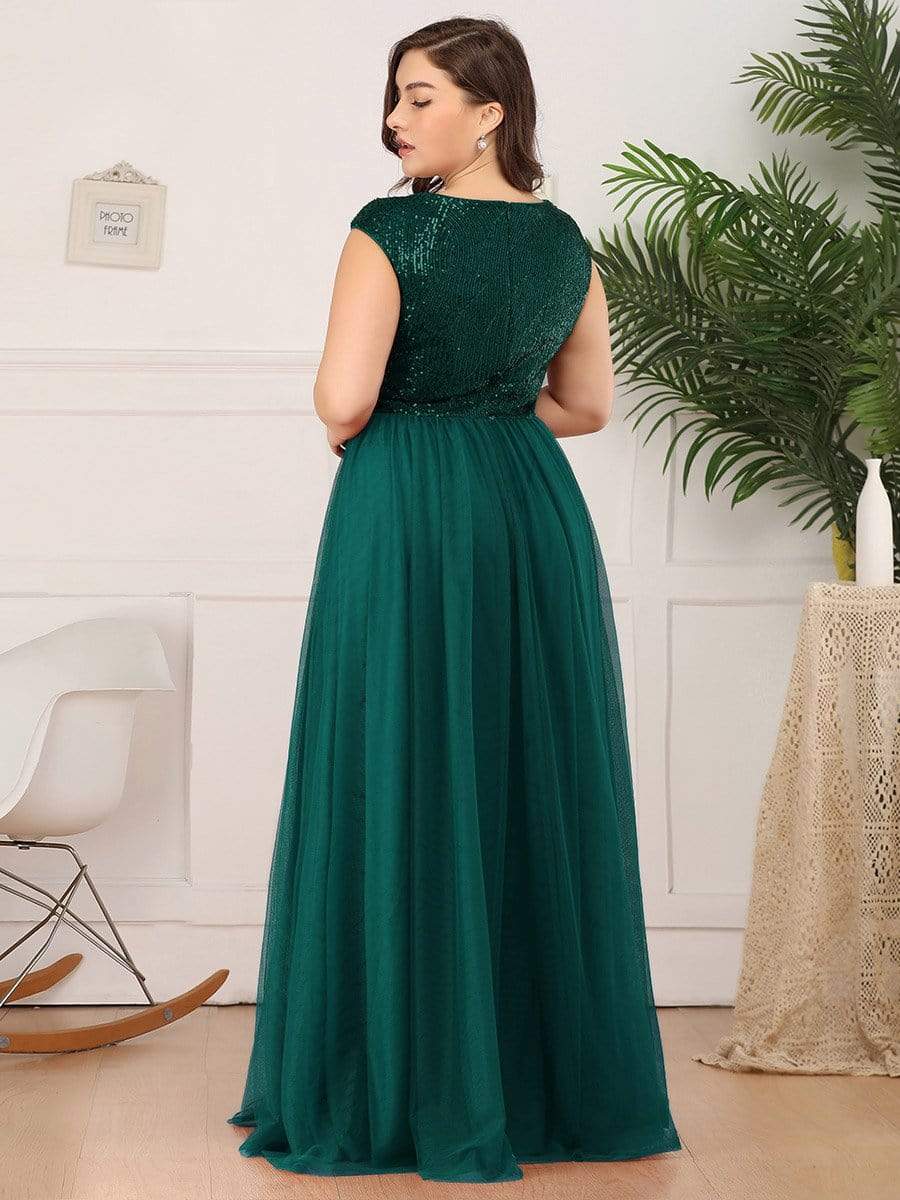 Color=Dark Green | Deep V Neck Floor Length Sequin Cocktail Dress-Dark Green 10