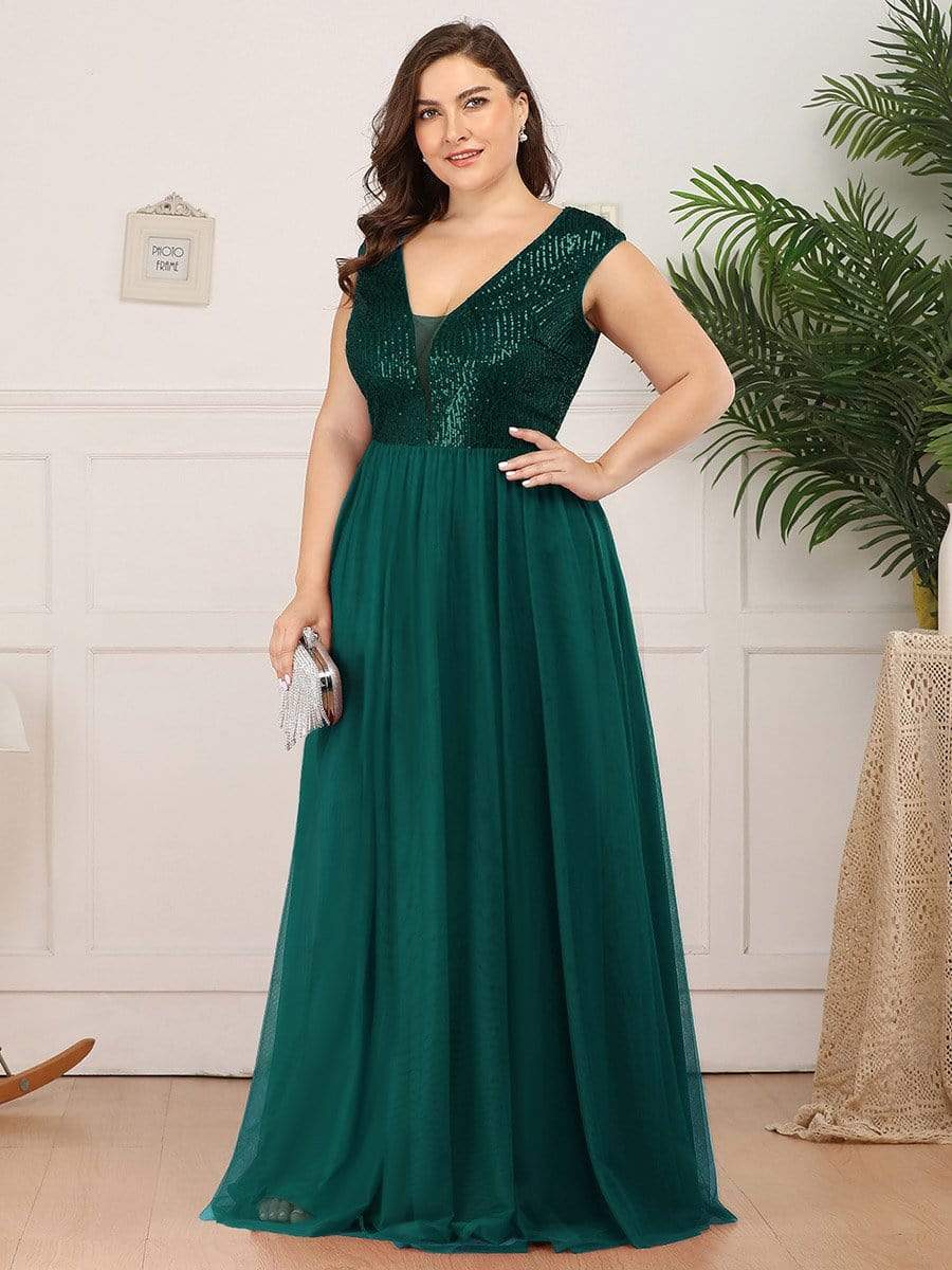 Color=Dark Green | Deep V Neck Floor Length Sequin Cocktail Dress-Dark Green 11