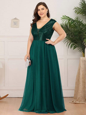 Color=Dark Green | Plus Size Deep V Neck Floor Length Sequin Cocktail Dress-Dark Green 3