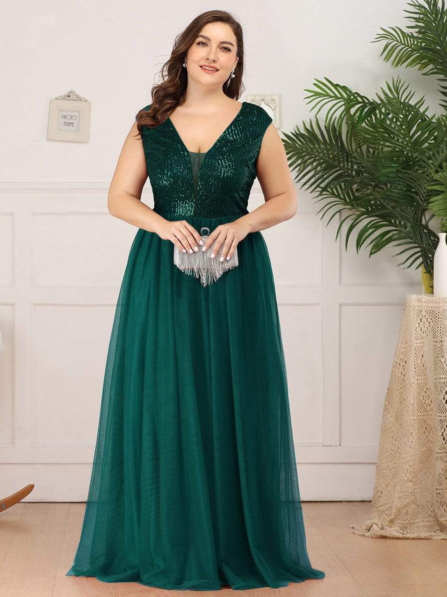 Color=Dark Green | Deep V Neck Floor Length Sequin Cocktail Dress-Dark Green 12