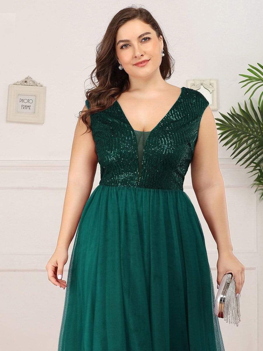 Color=Dark Green | Plus Size Deep V Neck Floor Length Sequin Cocktail Dress-Dark Green 5