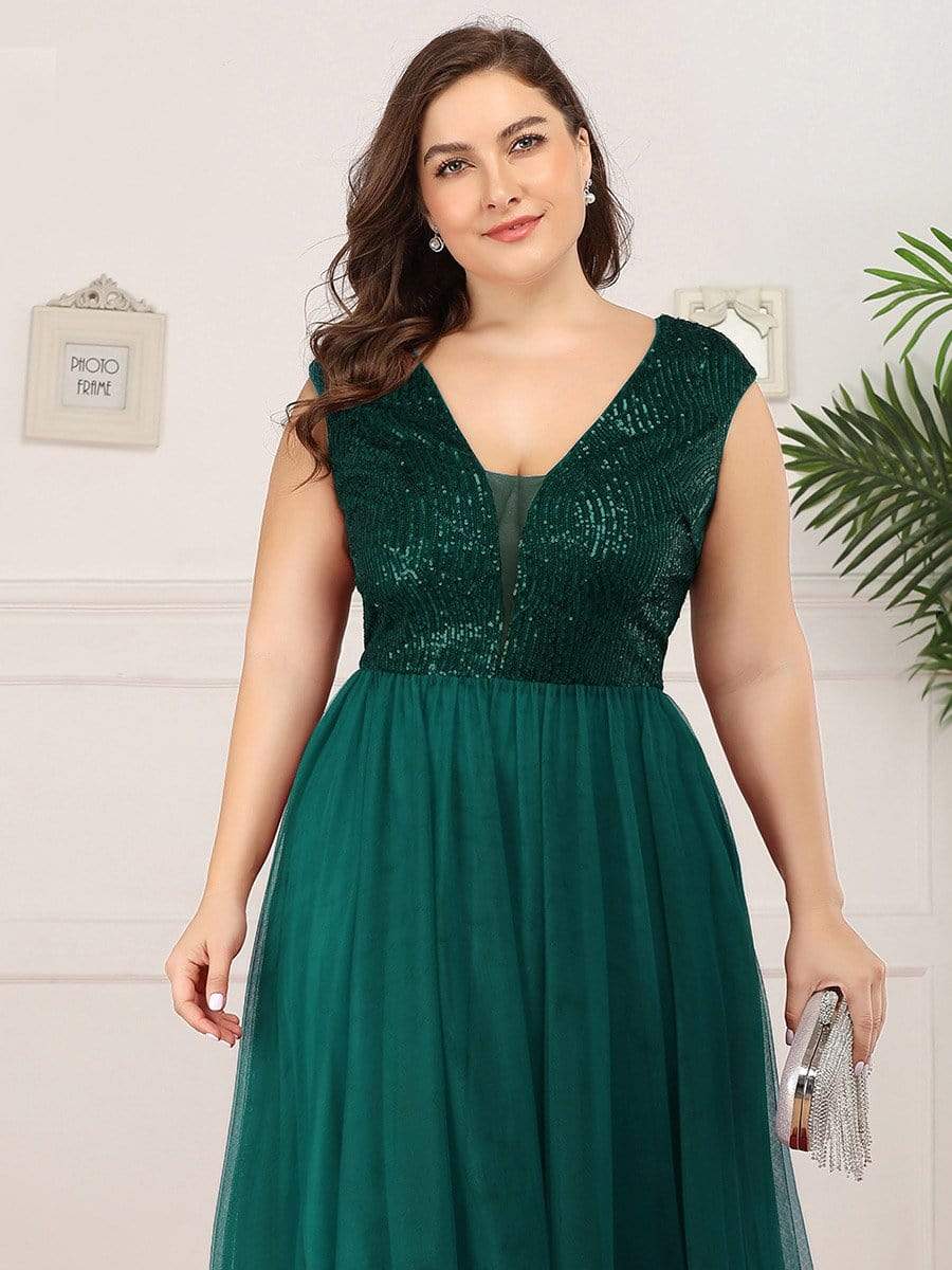 Color=Dark Green | Deep V Neck Floor Length Sequin Cocktail Dress-Dark Green 13