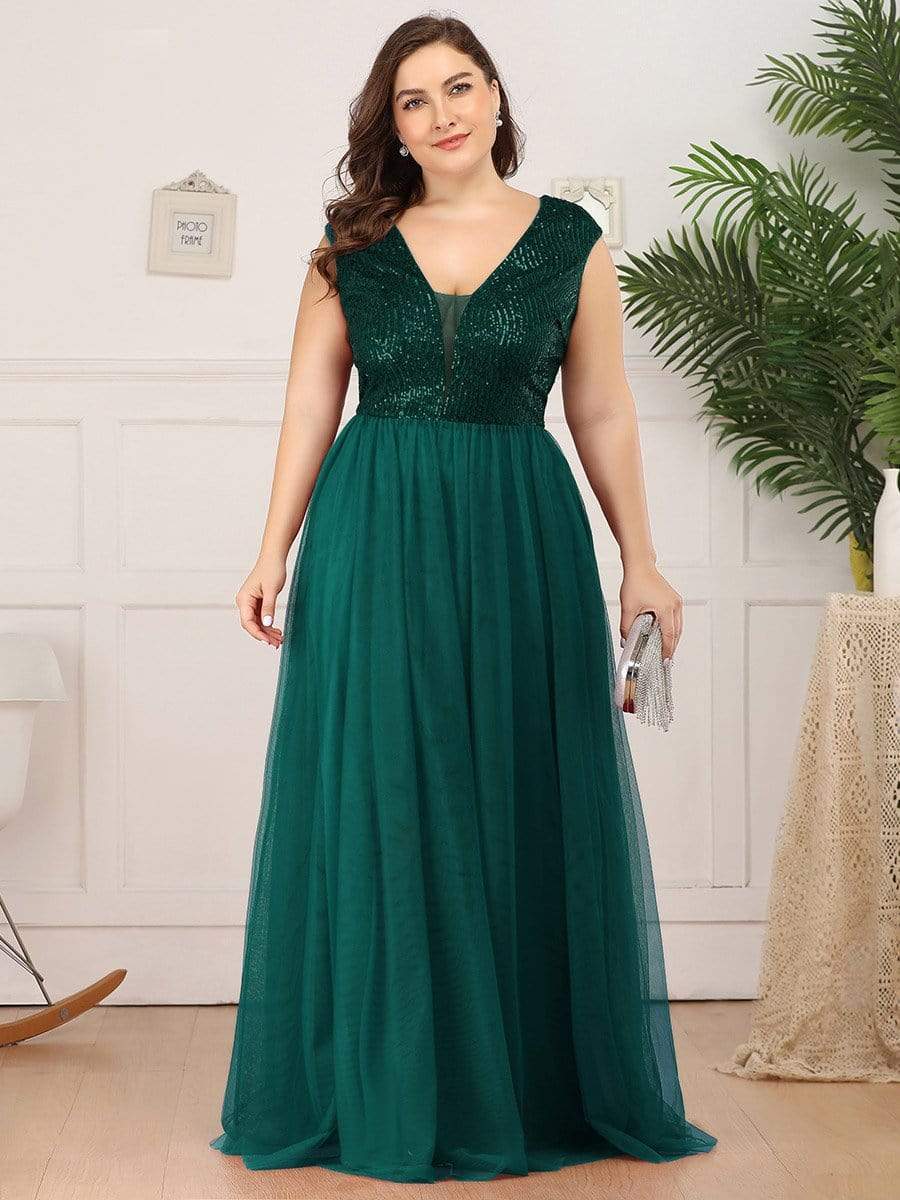 Color=Dark Green | Plus Size Deep V Neck Floor Length Sequin Cocktail Dress-Dark Green 1