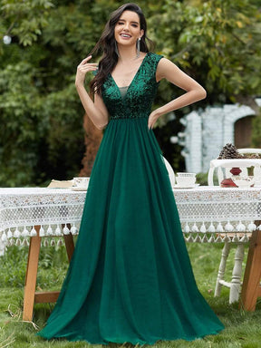 Color=Dark Green | Deep V Neck Floor Length Sequin Cocktail Dress-Dark Green 