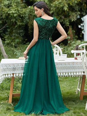 Color=Dark Green | Deep V Neck Floor Length Sequin Cocktail Dress-Dark Green 2