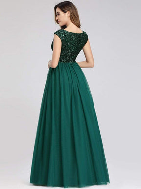 Color=Dark Green | Deep V Neck Floor Length Sequin Cocktail Dress-Dark Green 4