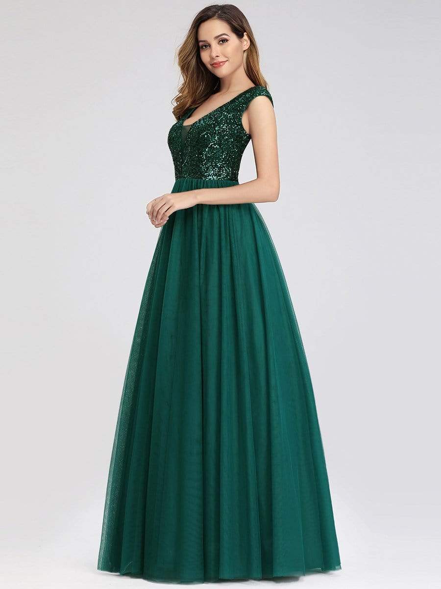 Color=Dark Green | Deep V Neck Floor Length Sequin Cocktail Dress-Dark Green 5