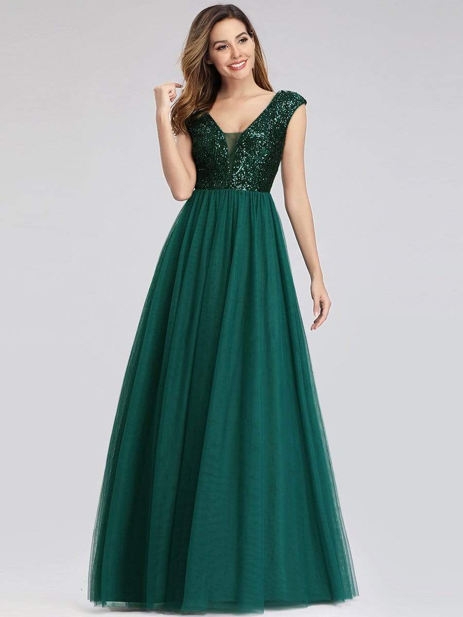 Color=Dark Green | Deep V Neck Floor Length Sequin Cocktail Dress-Dark Green 6
