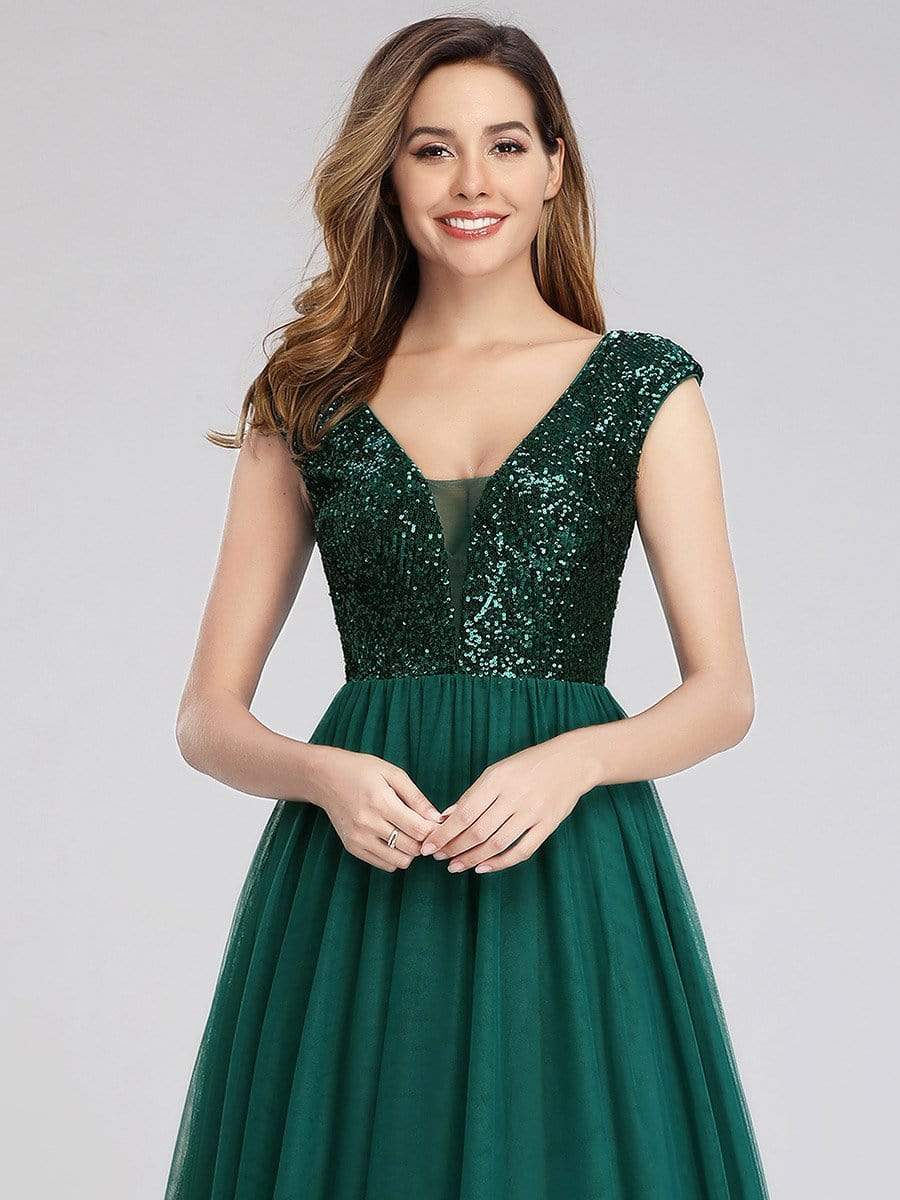 Color=Dark Green | Deep V Neck Floor Length Sequin Cocktail Dress-Dark Green 7