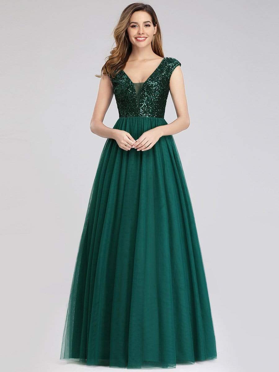 Color=Dark Green | Deep V Neck Floor Length Sequin Cocktail Dress-Dark Green 3