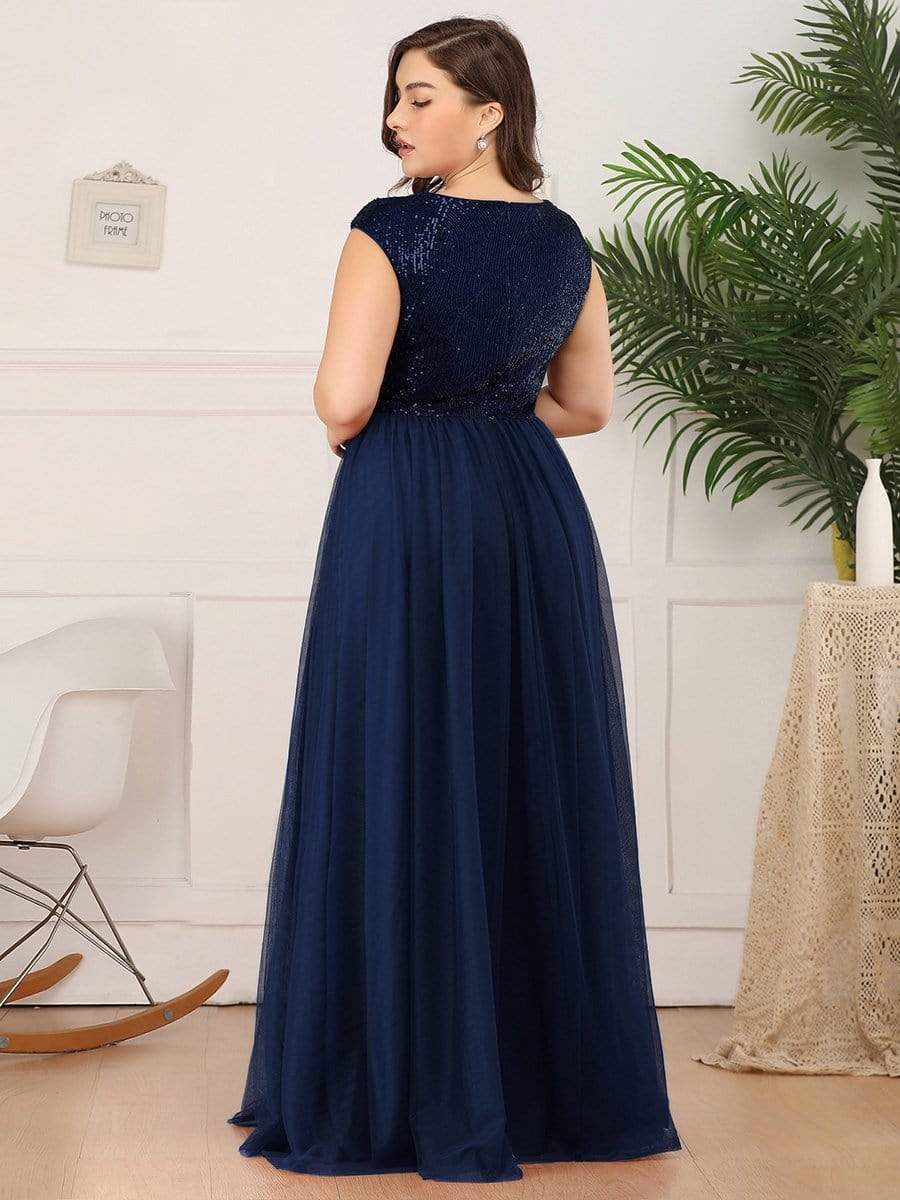 Color=Navy Blue | Deep V Neck Floor Length Sequin Cocktail Dress-Navy Blue 7