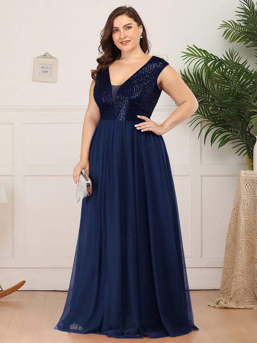 Color=Navy Blue | Deep V Neck Floor Length Sequin Cocktail Dress-Navy Blue 8