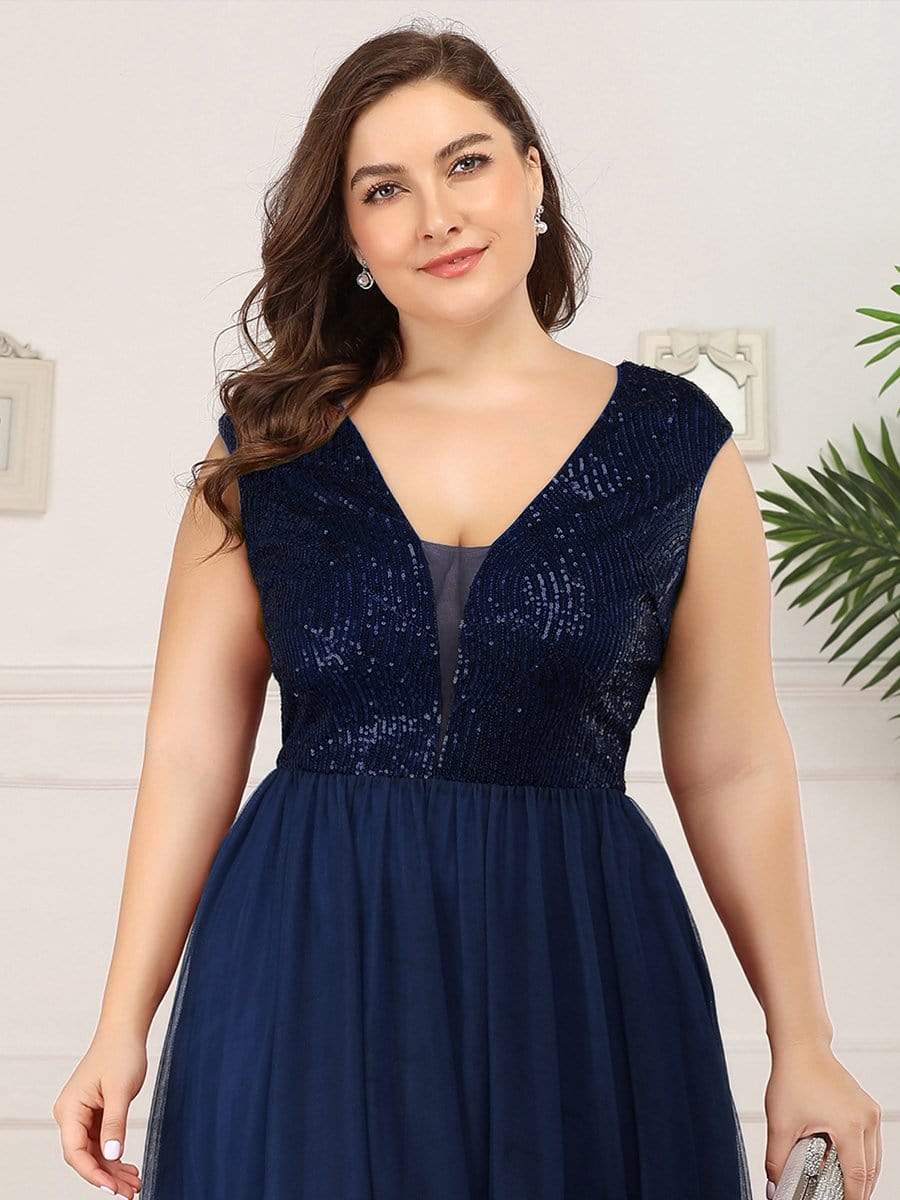 Color=Navy Blue | Deep V Neck Floor Length Sequin Cocktail Dress-Navy Blue 10