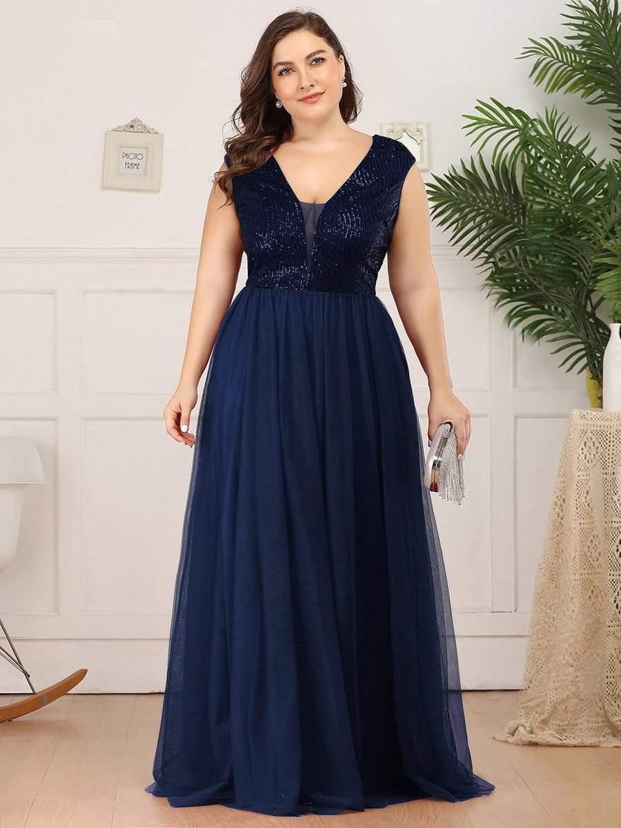 Color=Navy Blue | Deep V Neck Floor Length Sequin Cocktail Dress-Navy Blue 6