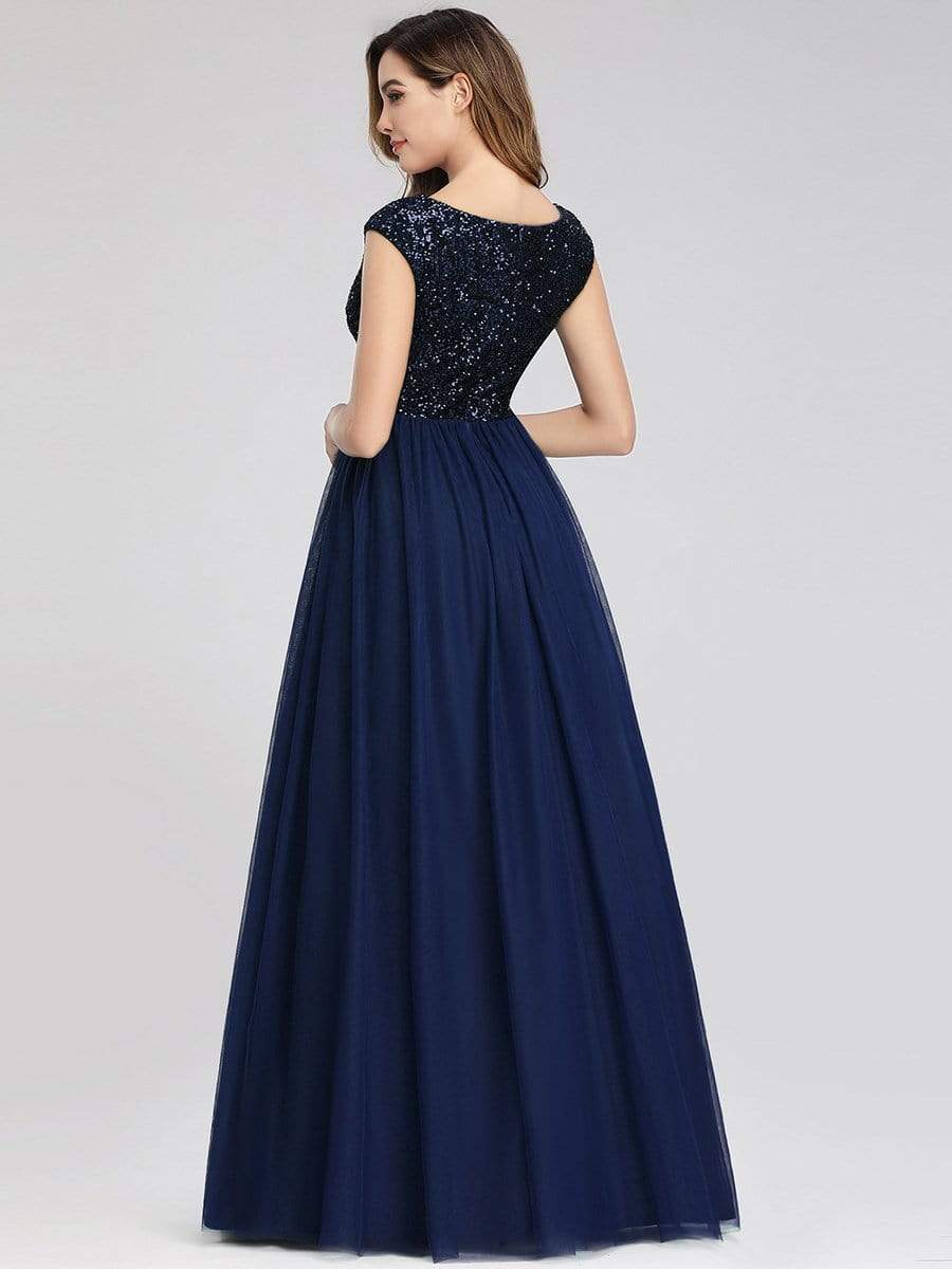 Color=Navy Blue | Deep V Neck Floor Length Sequin Cocktail Dress-Navy Blue 2