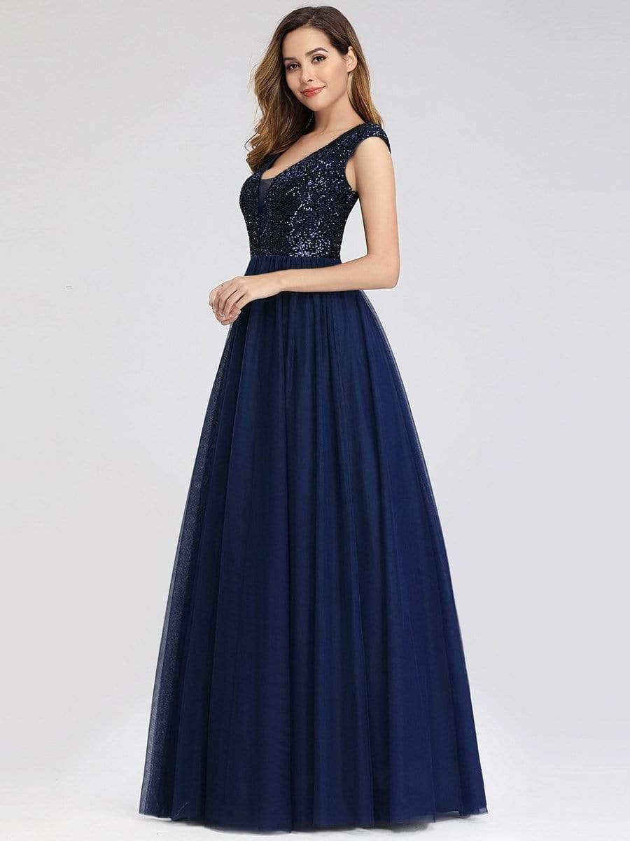 Color=Navy Blue | Deep V Neck Floor Length Sequin Cocktail Dress-Navy Blue 3