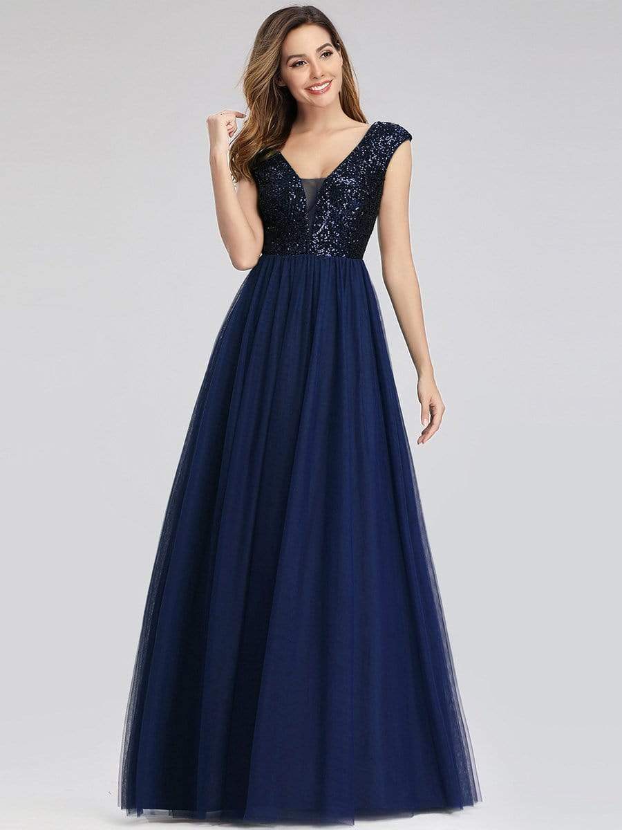 Color=Navy Blue | Deep V Neck Floor Length Sequin Cocktail Dress-Navy Blue 4