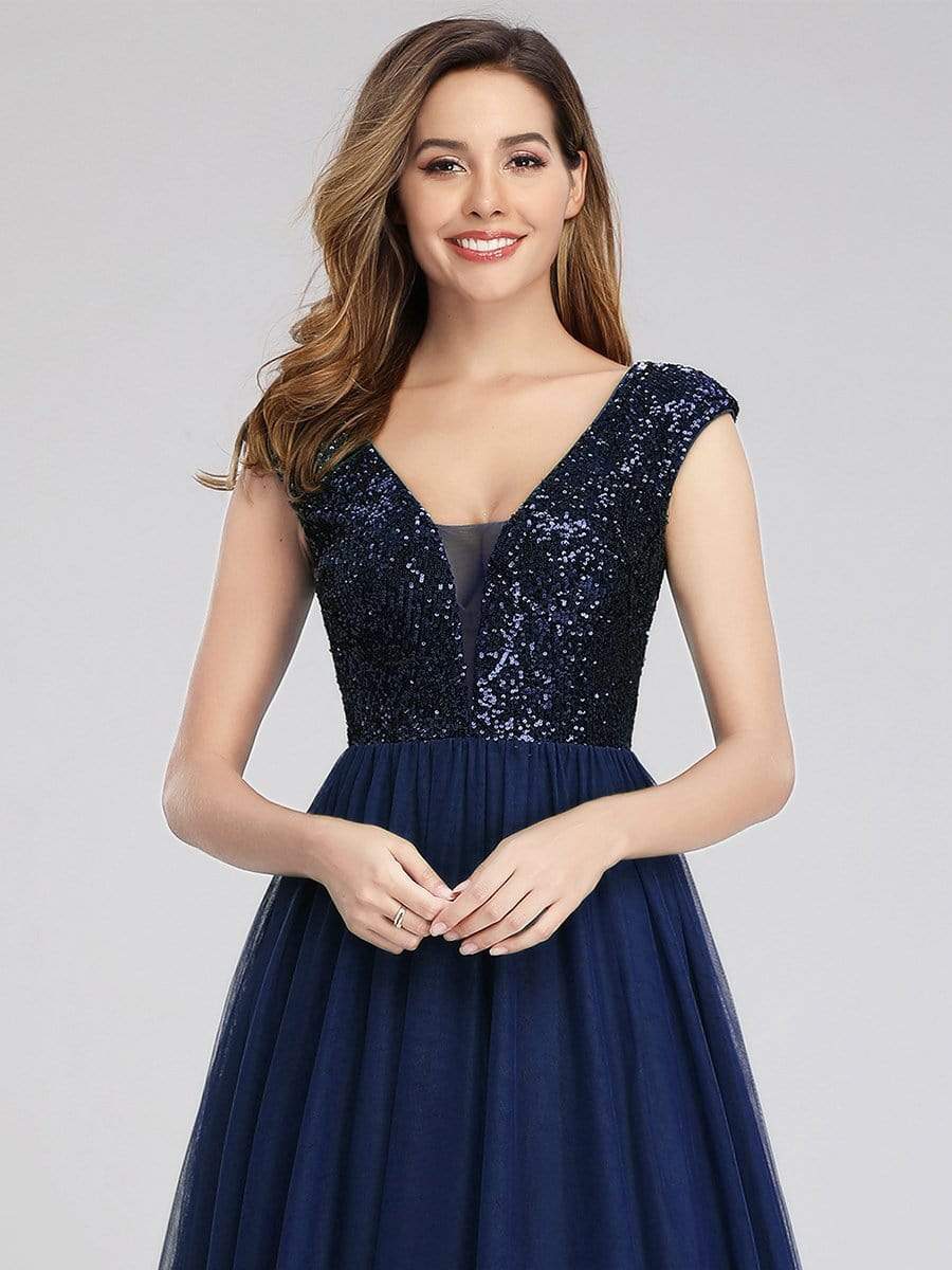 Color=Navy Blue | Deep V Neck Floor Length Sequin Cocktail Dress-Navy Blue 5