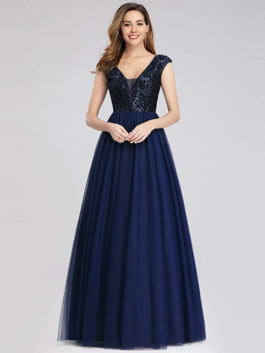 Color=Navy Blue | Deep V Neck Floor Length Sequin Cocktail Dress-Navy Blue 1