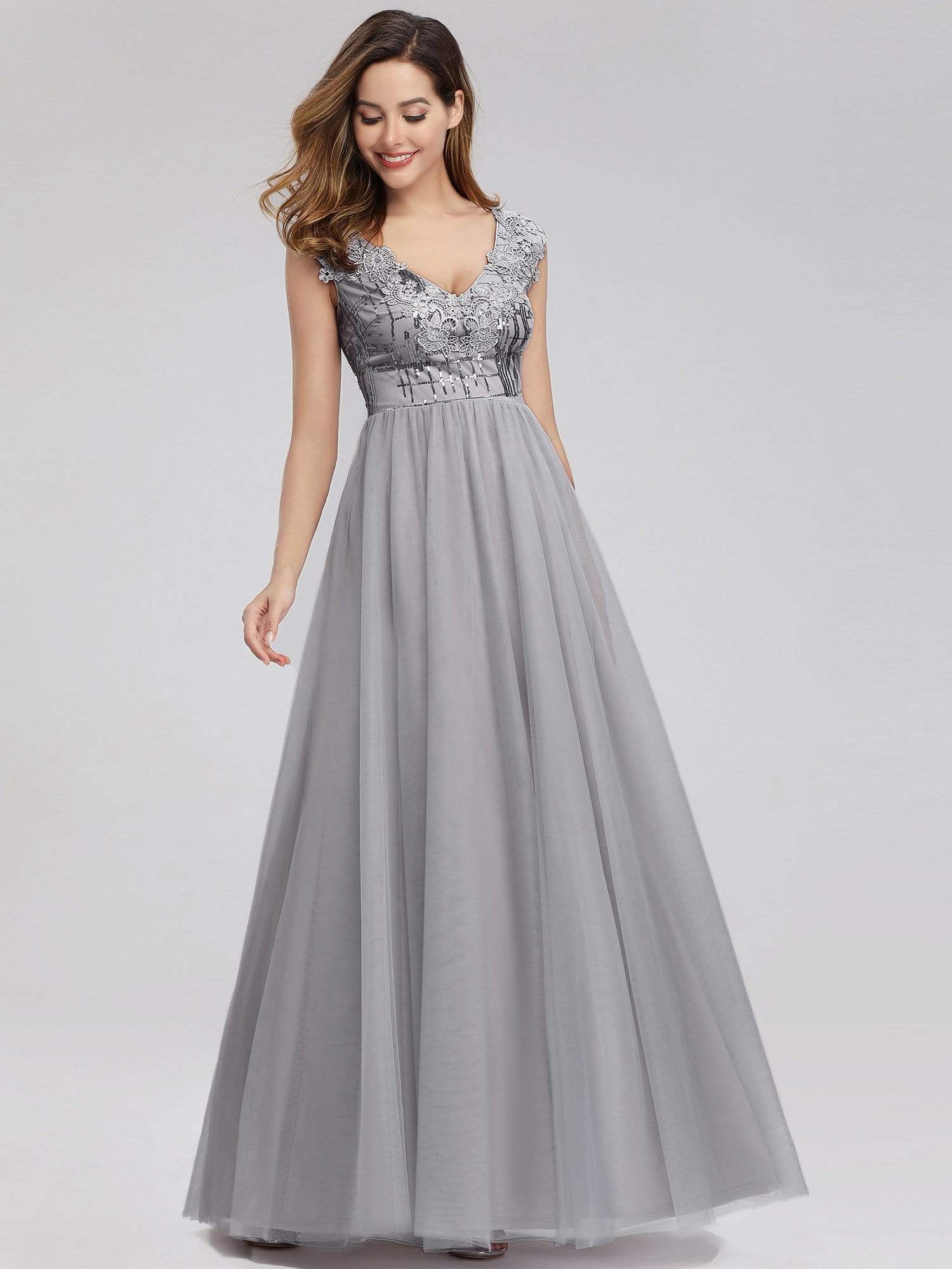 Color=Grey | Ever-Pretty Aplique Floor Length Evening Dresses-Grey 1