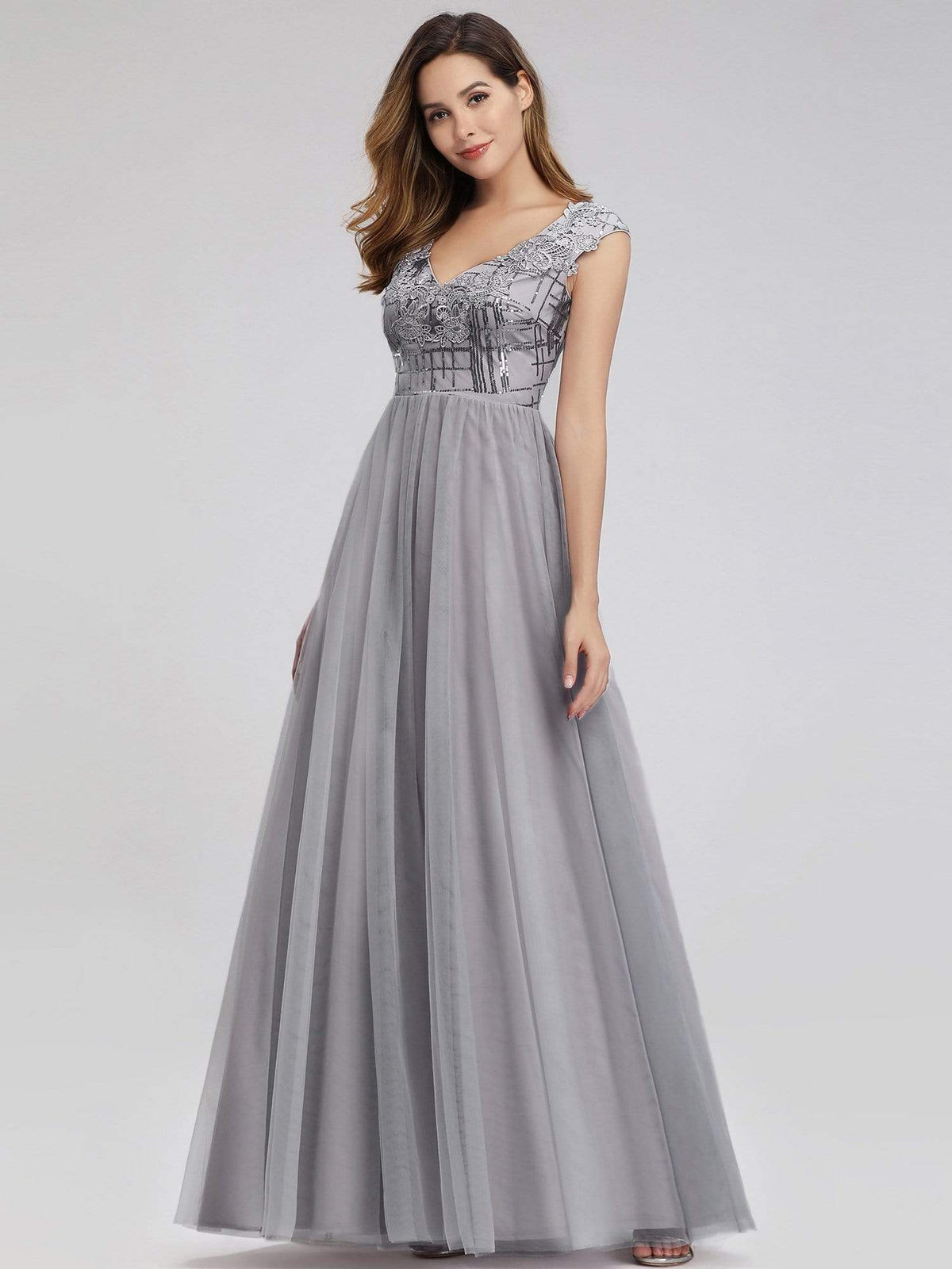 Color=Grey | Ever-Pretty Aplique Floor Length Evening Dresses-Grey 2