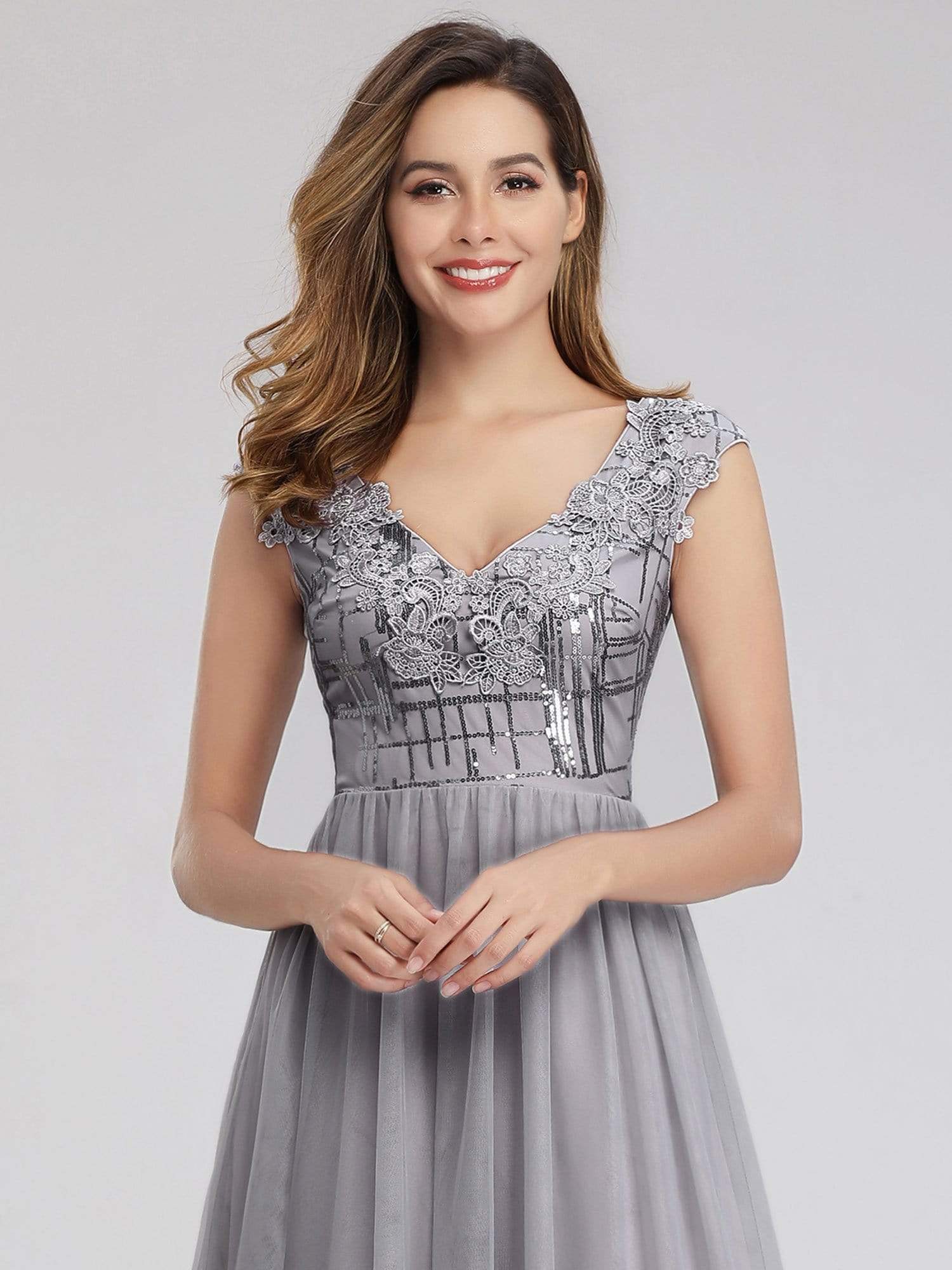 Color=Grey | Ever-Pretty Aplique Floor Length Evening Dresses-Grey 3