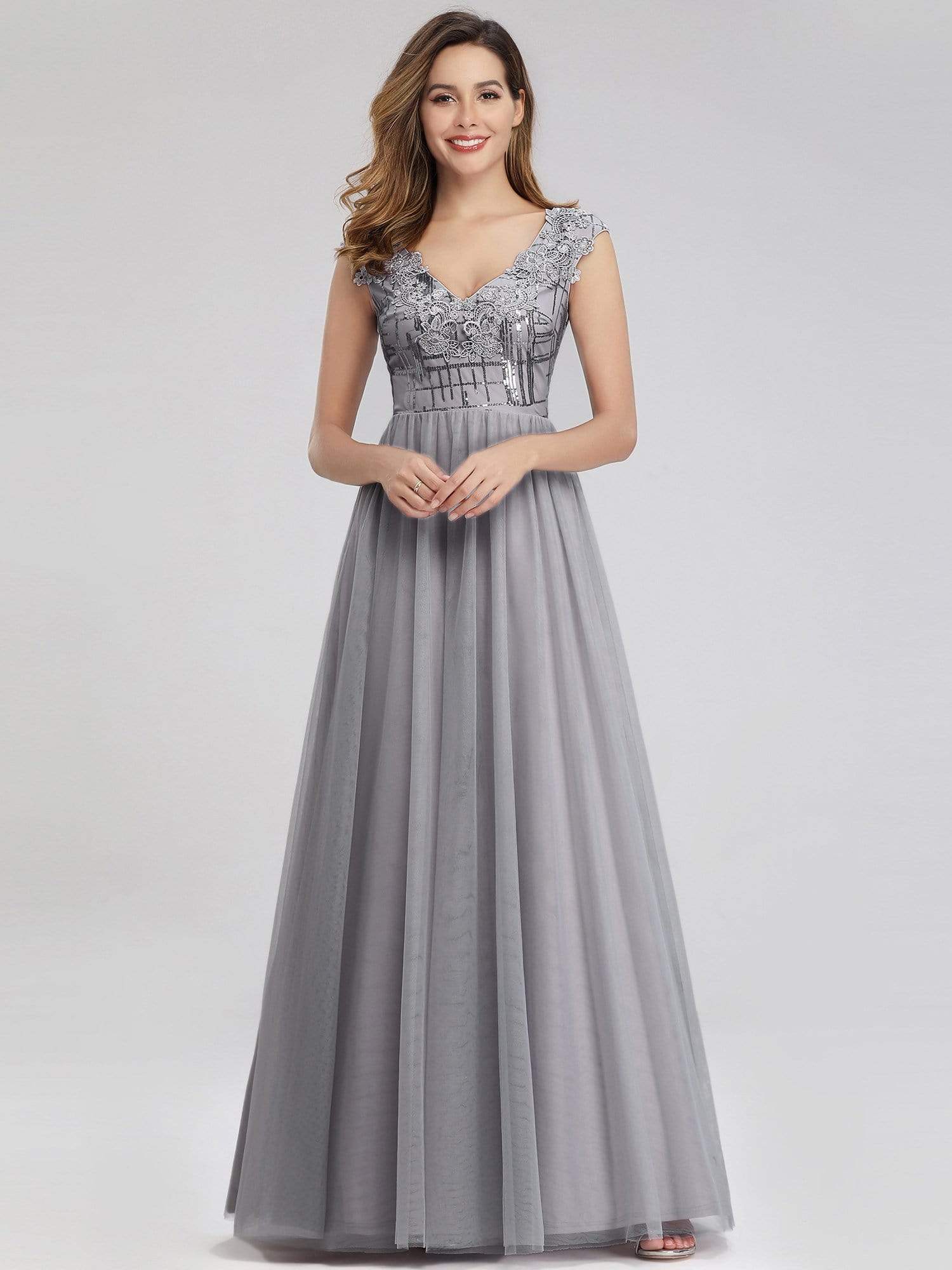 Color=Grey | Ever-Pretty Aplique Floor Length Evening Dresses-Grey 5