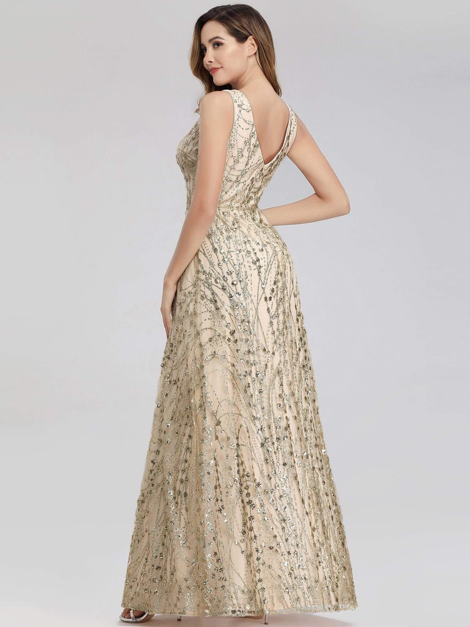 Color=Gold | Women'S A-Line V-Neck Glitter Evening Party Maxi Dress-Gold 2