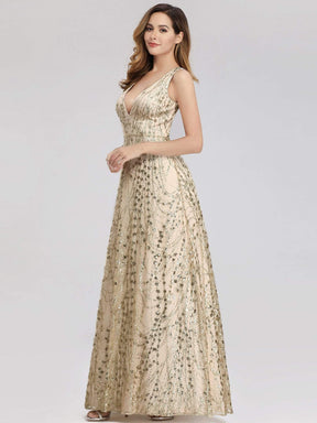 Color=Gold | Women'S A-Line V-Neck Glitter Evening Party Maxi Dress-Gold 3