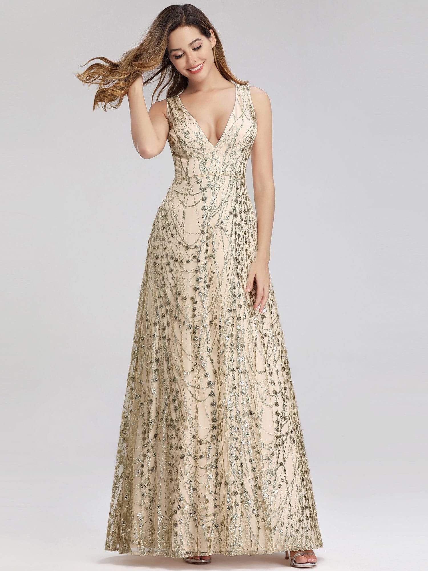 Color=Gold | Women'S A-Line V-Neck Glitter Evening Party Maxi Dress-Gold 4