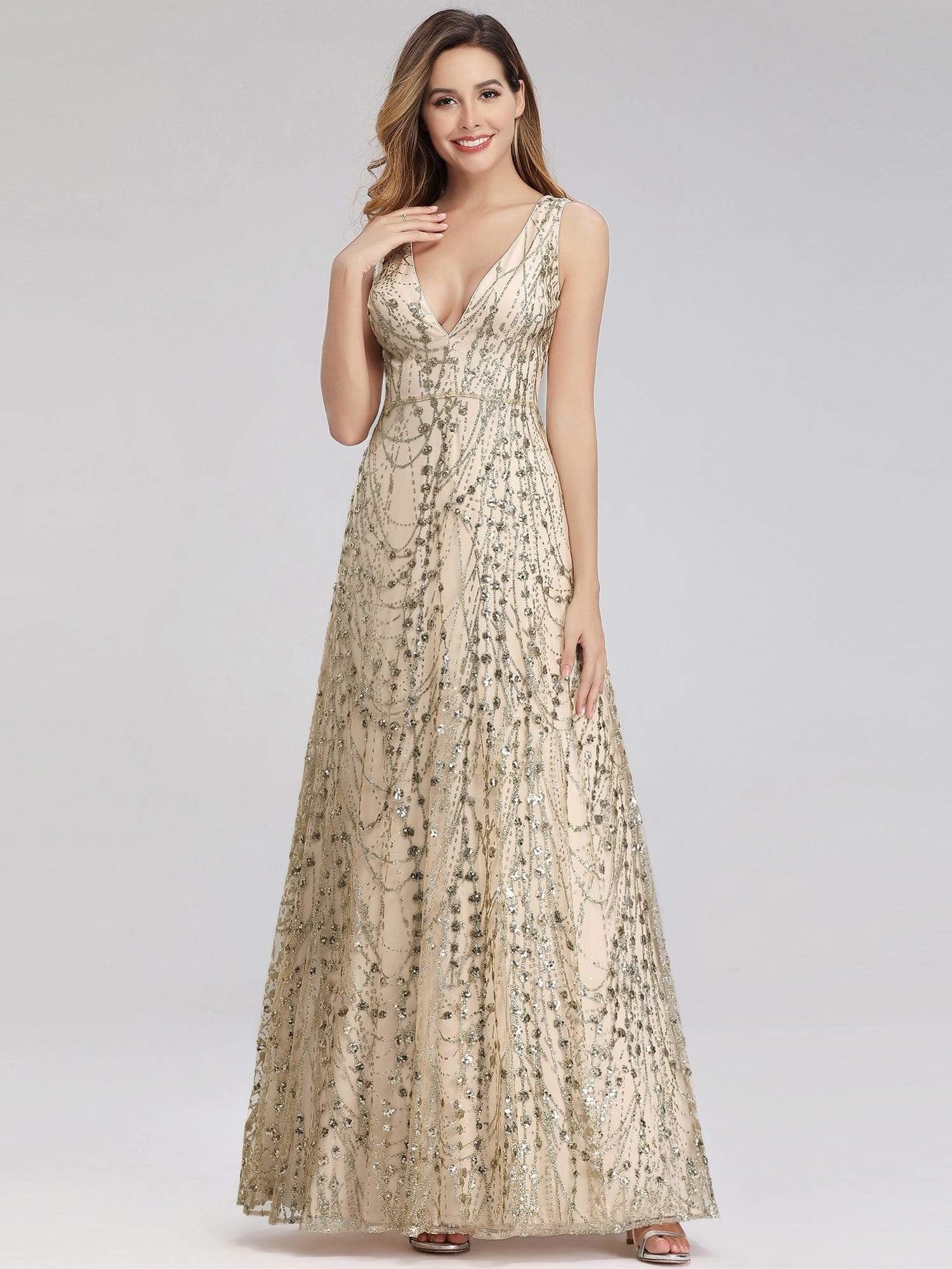 Color=Gold | Women'S A-Line V-Neck Glitter Evening Party Maxi Dress-Gold 1