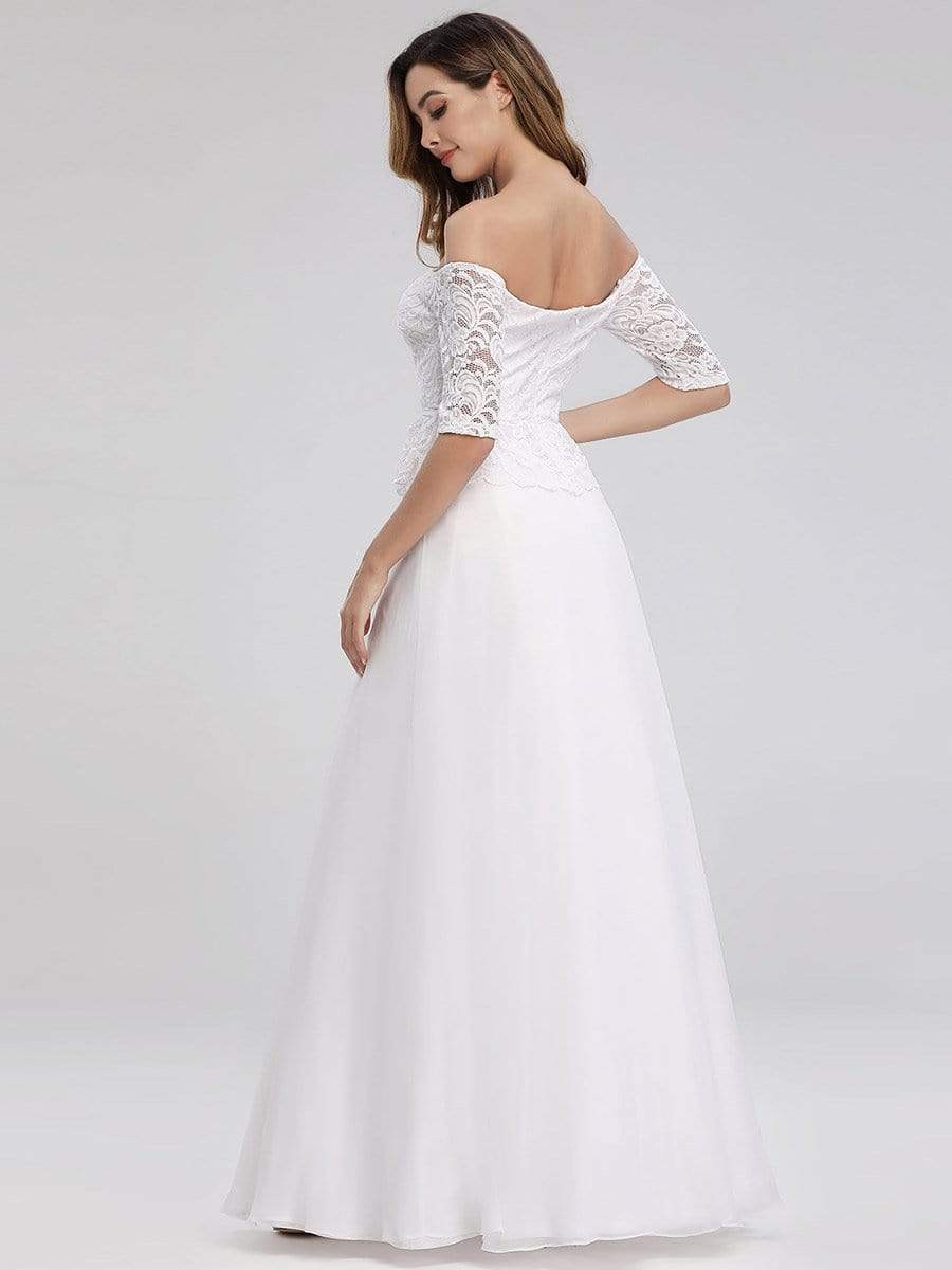 Color=White | Romantic Off-Shoulder Floor Length Wedding Dress-White 2