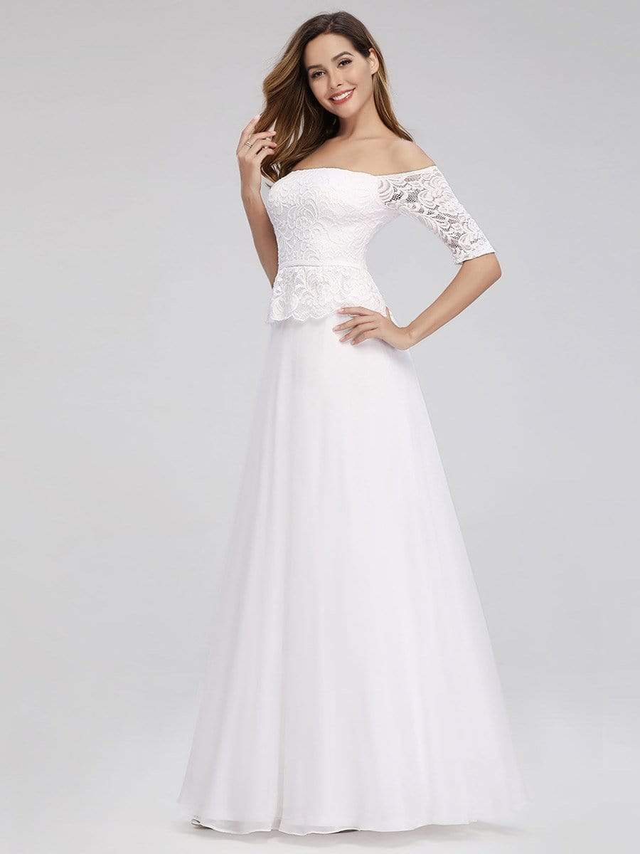 Color=White | Romantic Off-Shoulder Floor Length Wedding Dress-White 3