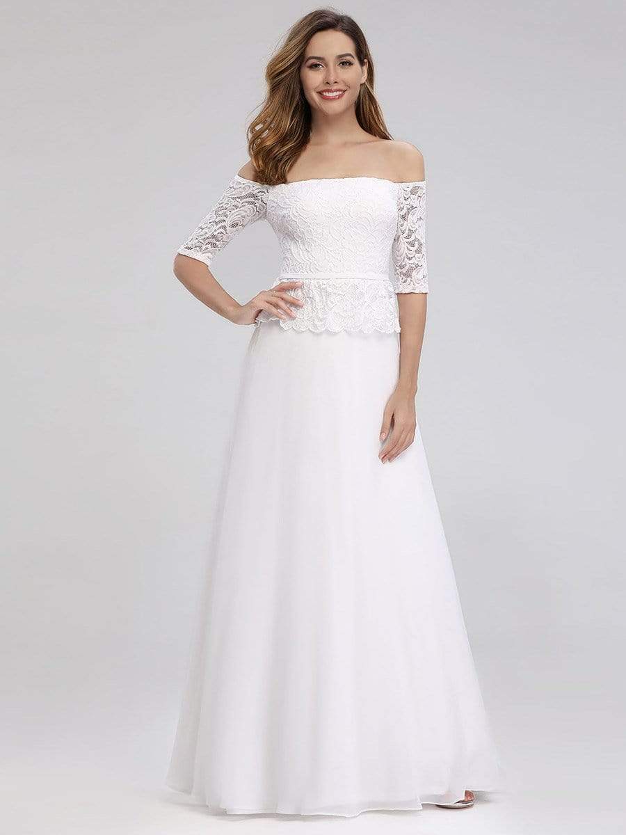 Color=White | Romantic Off-Shoulder Floor Length Wedding Dress-White 1
