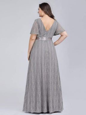 Color=Grey | Plus Size Women'S V-Neck Short Sleeve Floral Lace Wedding Bridesmaid Dress-Grey 2