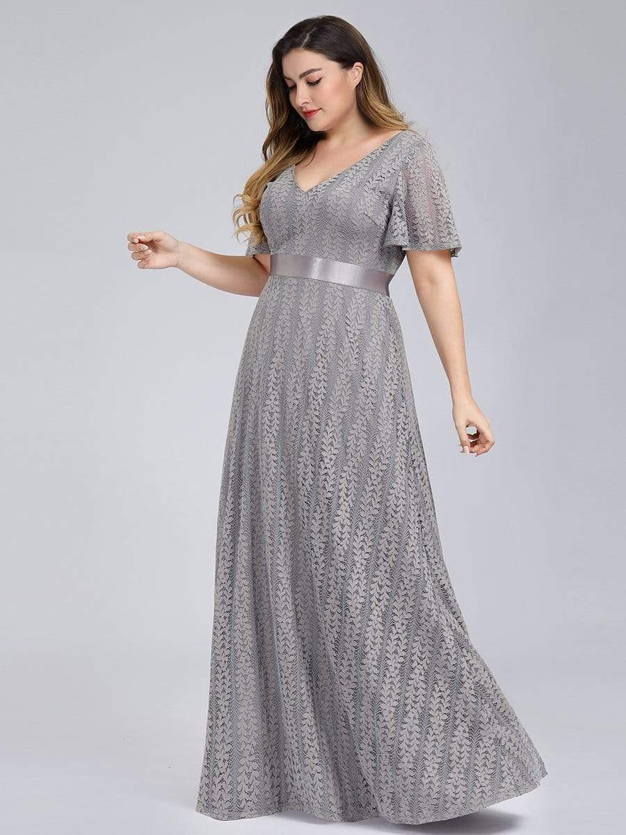 Color=Grey | Plus Size Women'S V-Neck Short Sleeve Floral Lace Wedding Bridesmaid Dress-Grey 3