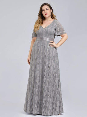 Color=Grey | Plus Size Women'S V-Neck Short Sleeve Floral Lace Wedding Bridesmaid Dress-Grey 4