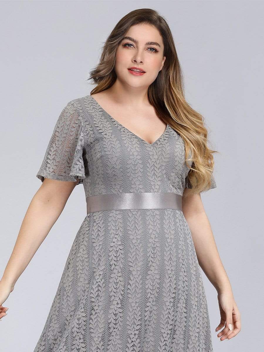 Color=Grey | Plus Size Women'S V-Neck Short Sleeve Floral Lace Wedding Bridesmaid Dress-Grey 5