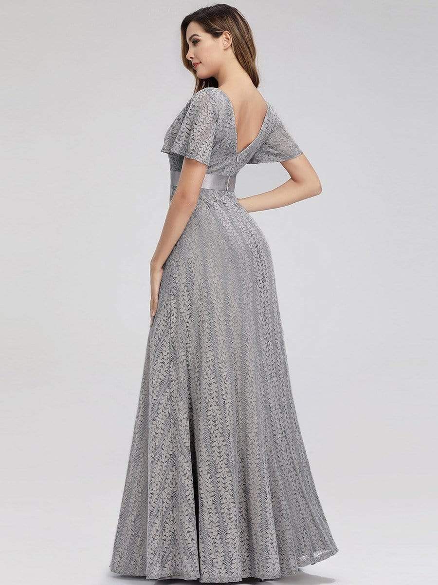 Color=Grey | Women'S V-Neck Short Sleeve Floral Lace Wedding Bridesmaid Dress-Grey 2