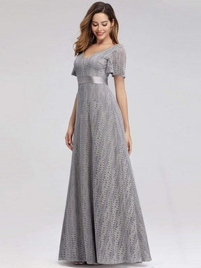 Color=Grey | Women'S V-Neck Short Sleeve Floral Lace Wedding Bridesmaid Dress-Grey 3