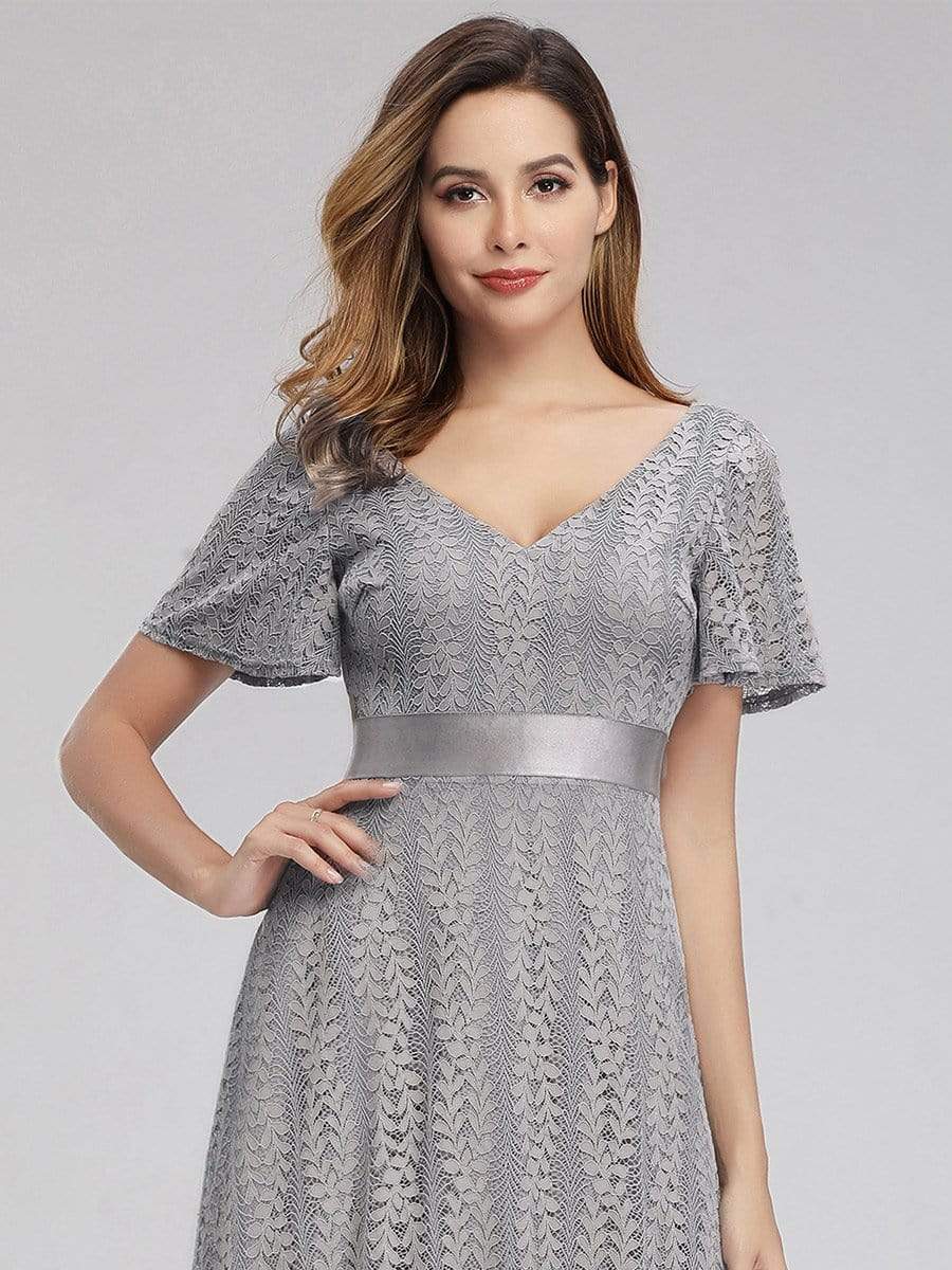 Color=Grey | Women'S V-Neck Short Sleeve Floral Lace Wedding Bridesmaid Dress-Grey 5