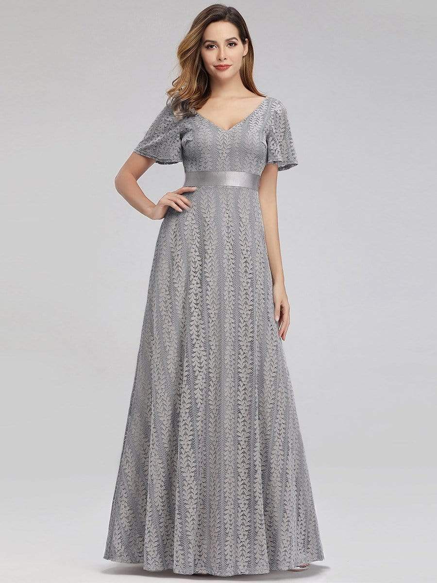 Color=Grey | Women'S V-Neck Short Sleeve Floral Lace Wedding Bridesmaid Dress-Grey 1