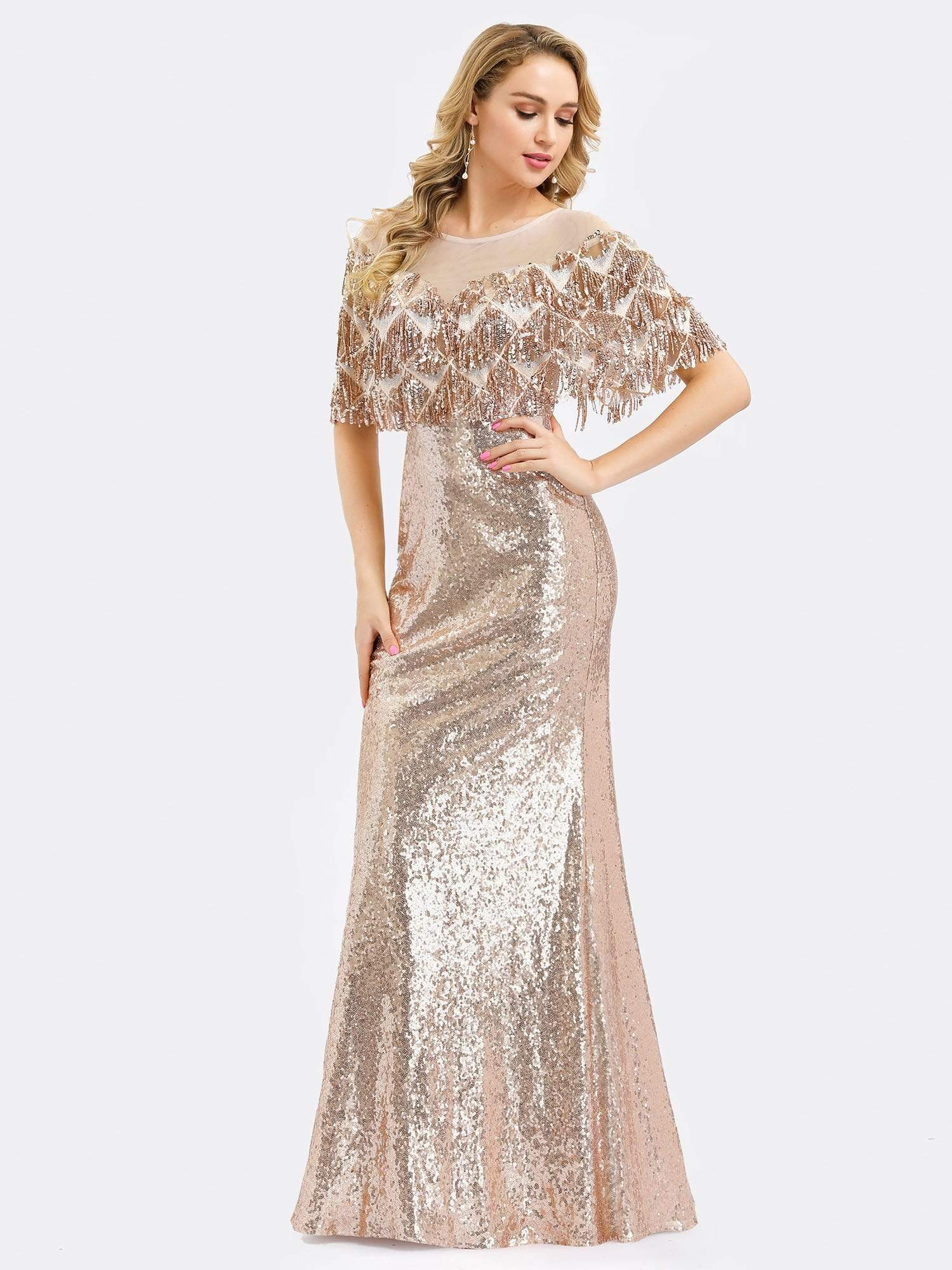 Color=Rose Gold | Gorgeous Shawl Sequin Fishtail Evening Dress-Rose Gold 3