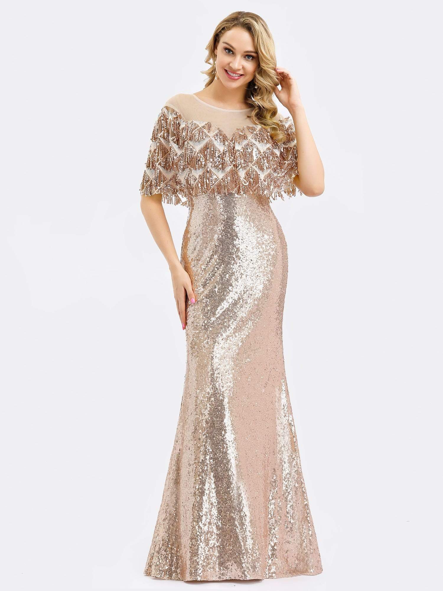 Color=Rose Gold | Gorgeous Shawl Sequin Fishtail Evening Dress-Rose Gold 4