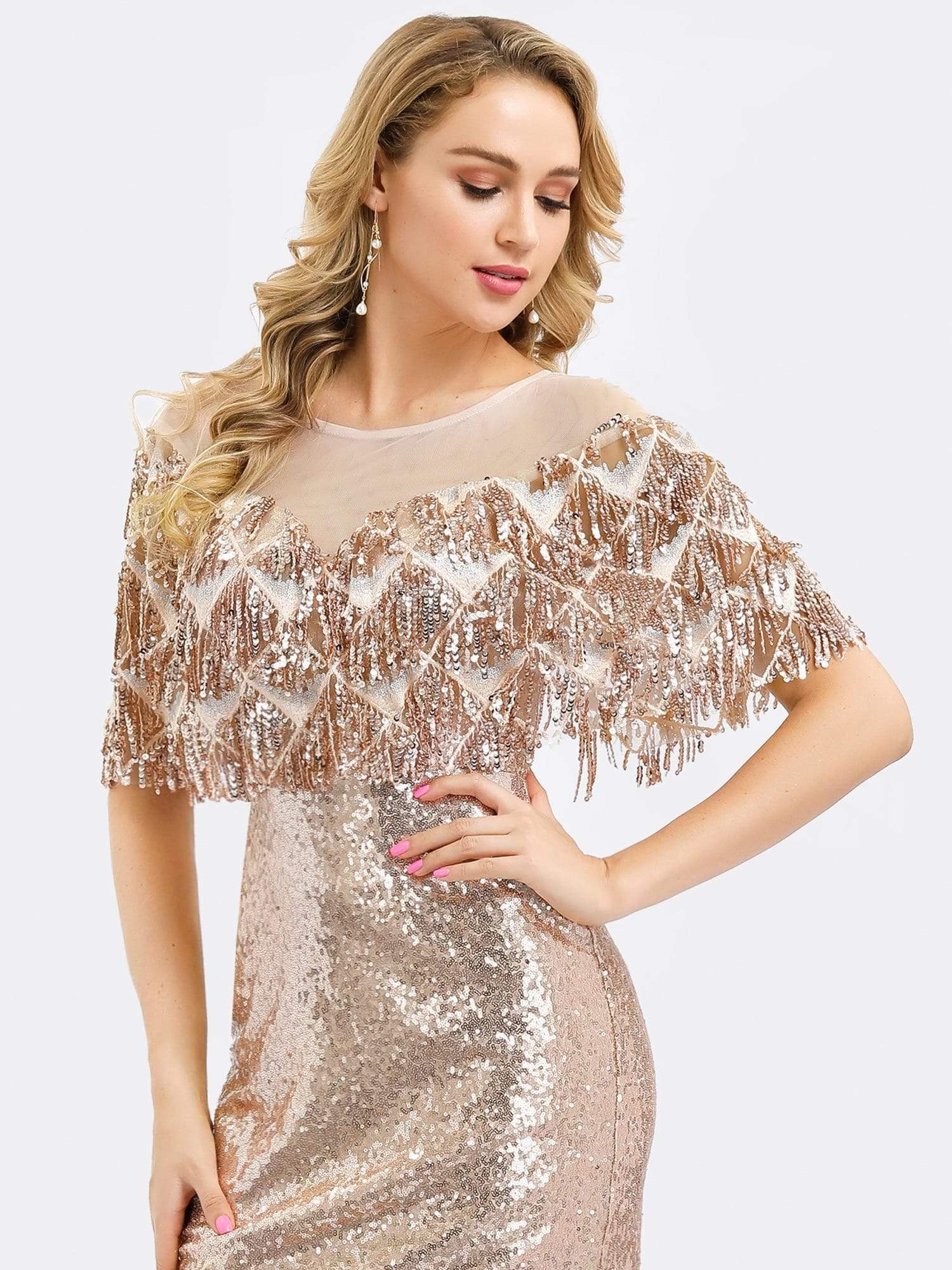 Color=Rose Gold | Gorgeous Shawl Sequin Fishtail Evening Dress-Rose Gold 5