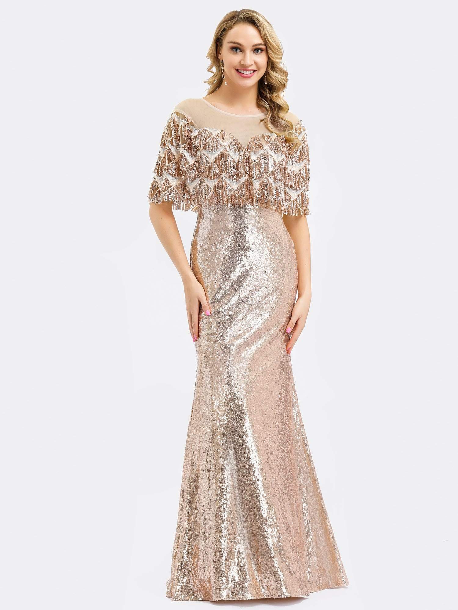 Color=Rose Gold | Gorgeous Shawl Sequin Fishtail Evening Dress-Rose Gold 1