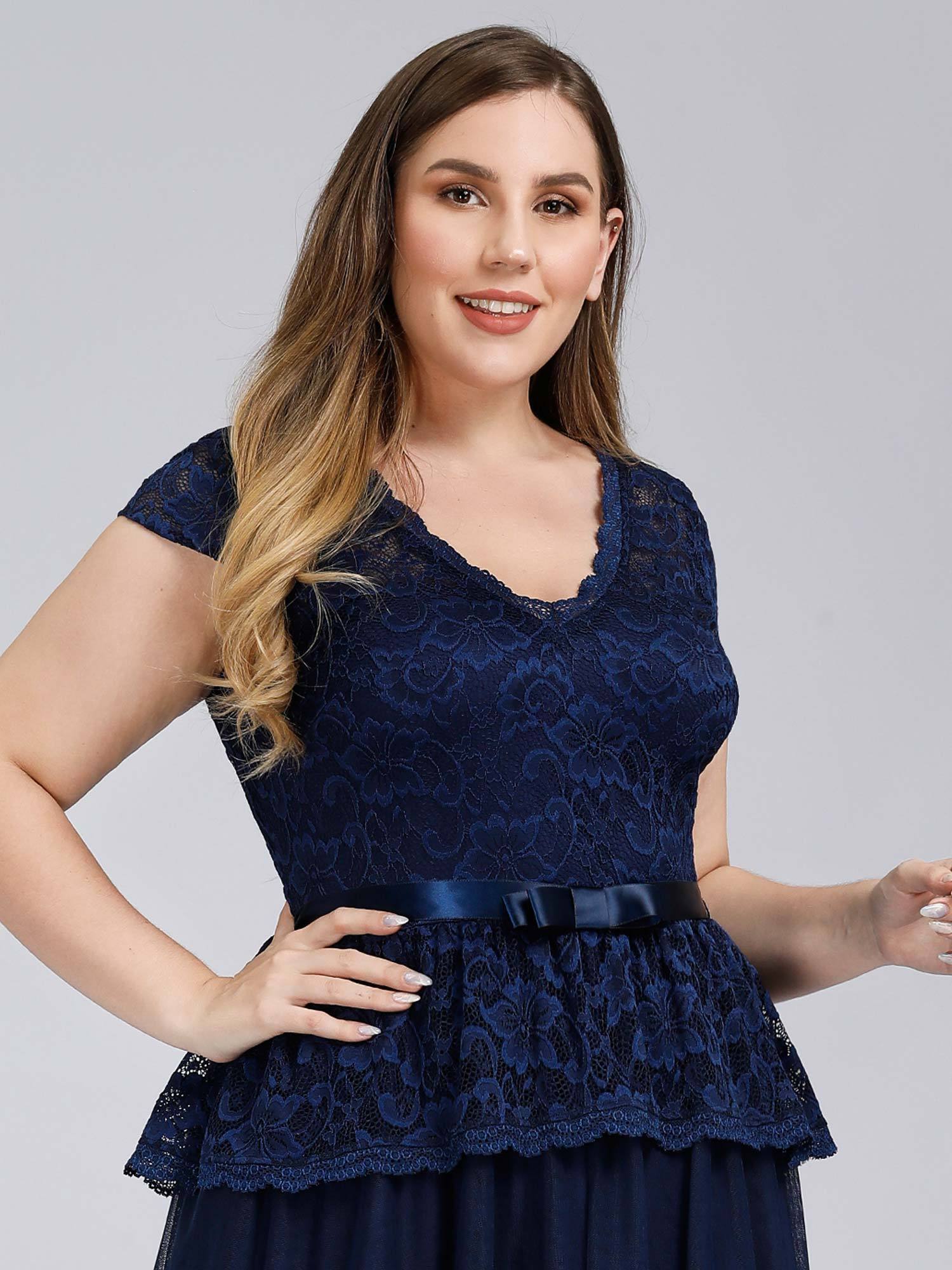 Color=Navy Blue | Women'S Cap Sleeve Floral Lace Wedding Guest Dress-Navy Blue 5