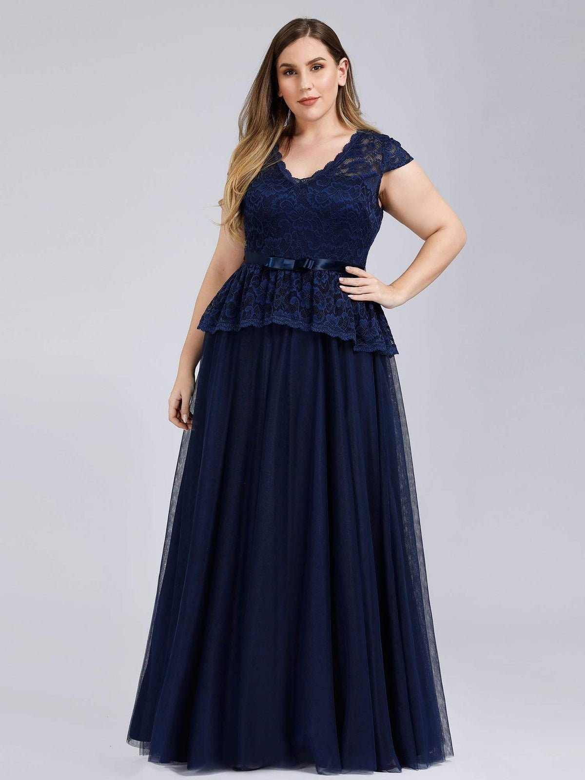 Color=Navy Blue | Women'S Cap Sleeve Floral Lace Wedding Guest Dress-Navy Blue 1