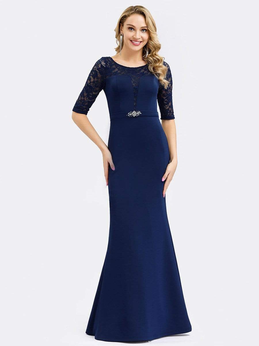 Color=Navy Blue | Elegant Fishtail Bridesmaid Dress With Lace Sleeves-Navy Blue 4